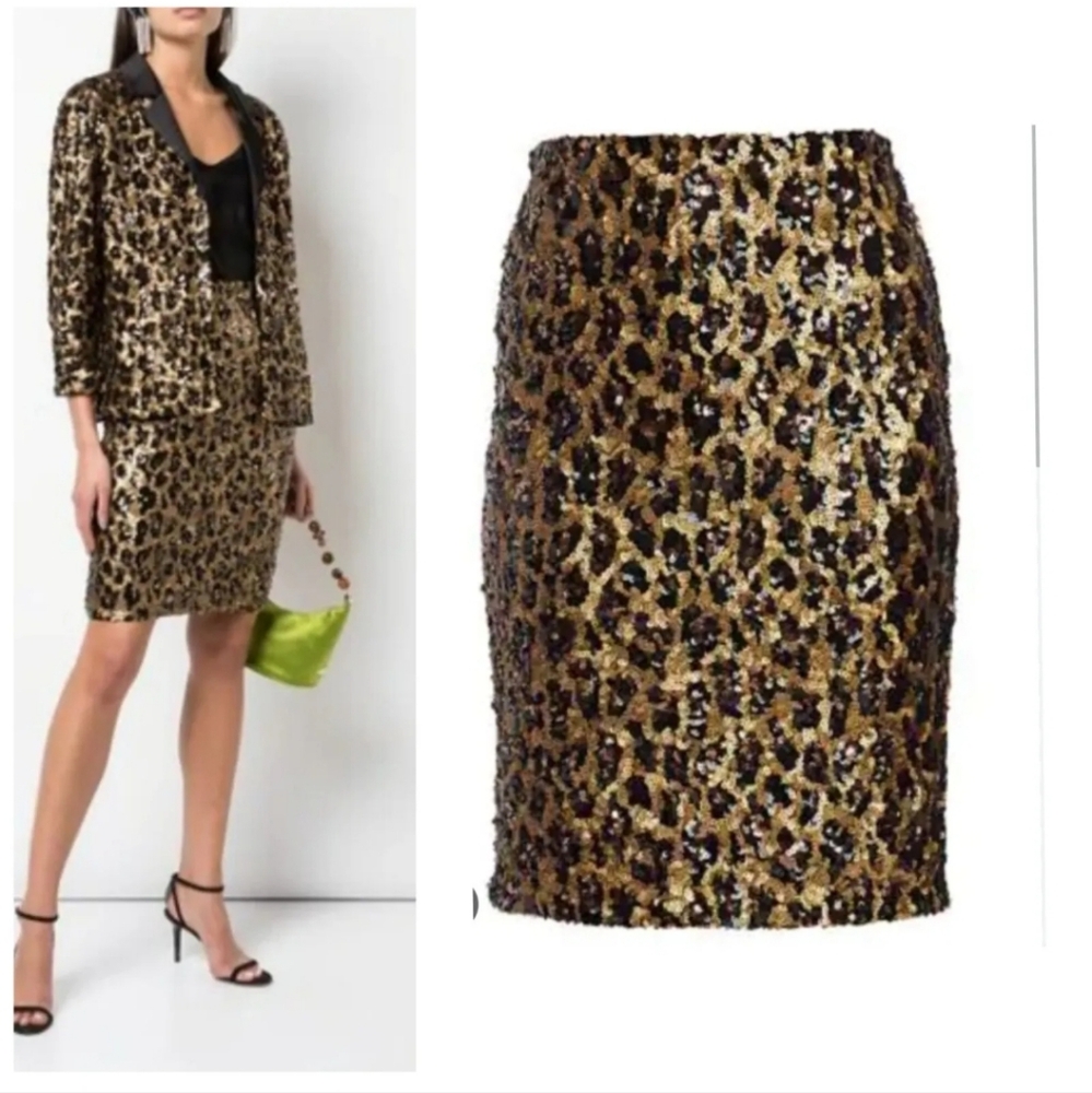 Alice + Olivia Ramos  Leopard Sequin Pencil Skirt 6 NWT